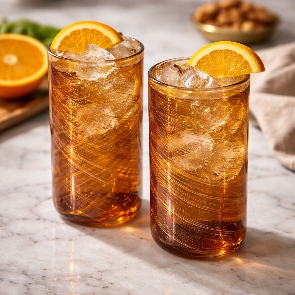 Set of 2 Amber Gold‎ Swirl Art Glass Tumblers 6" Tall Hand Blown